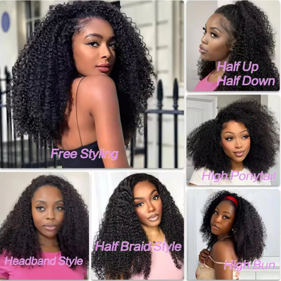 Half Head Wig Wear and Go Drawstring Flip Over Glueless Curly Human Hair Kinky Curly Raw Hair Wig Deep Curls Water Wave Half Wig