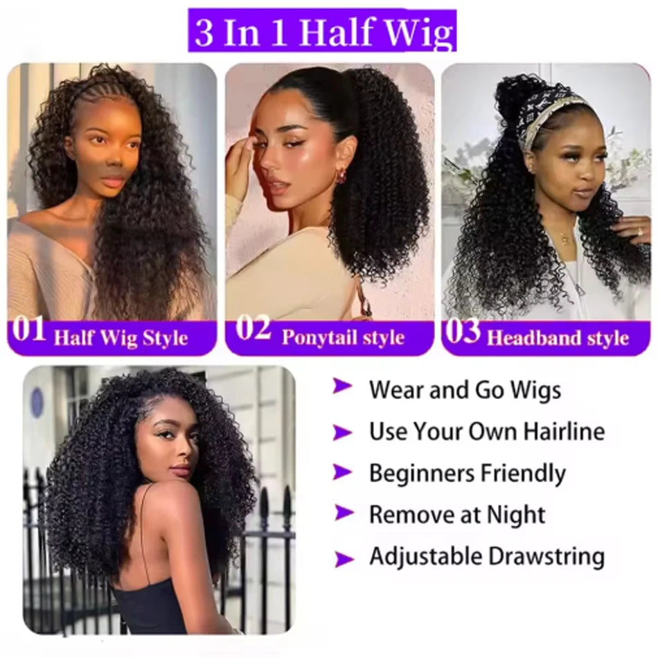 Half Head Wig Wear and Go Drawstring Flip Over Glueless Curly Human Hair Kinky Curly Raw Hair Wig Deep Curls Water Wave Half Wig