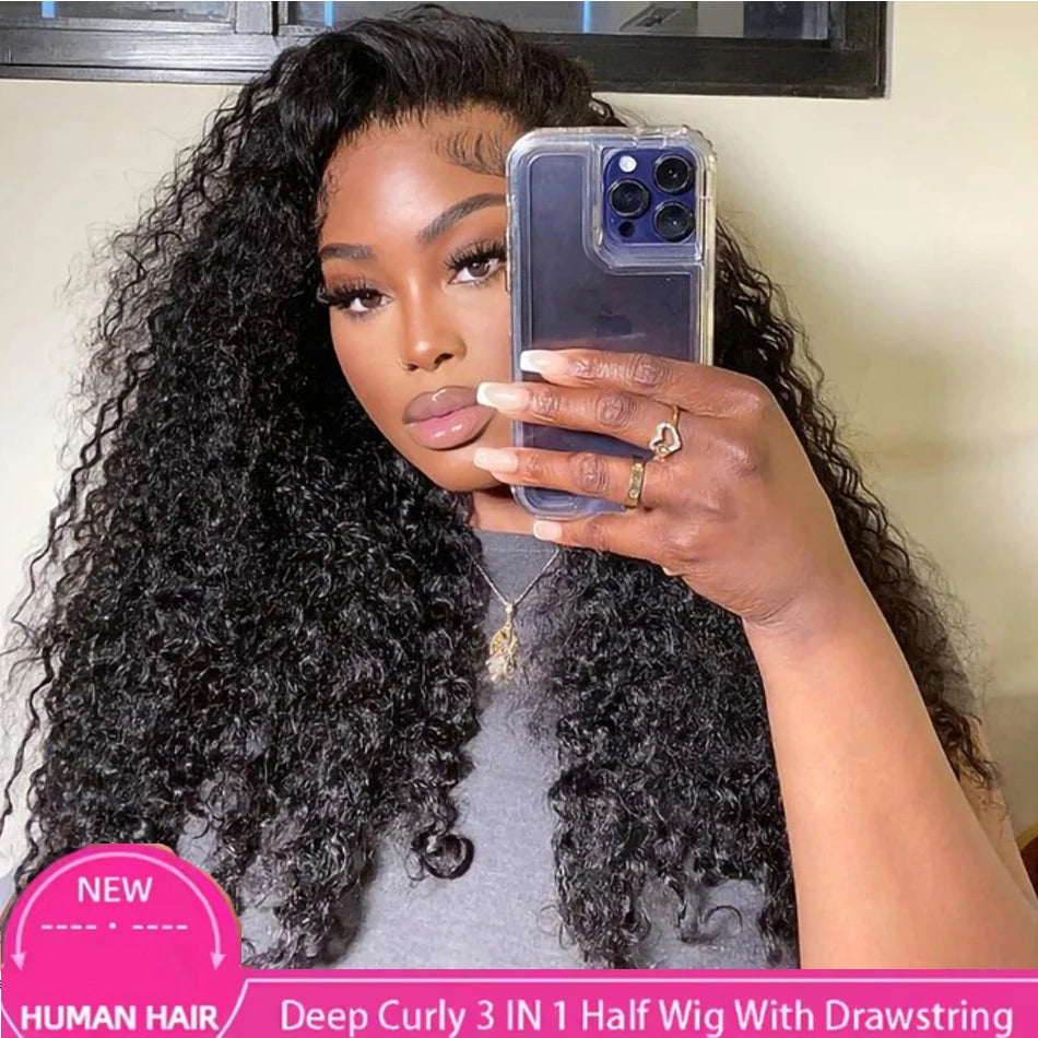 Half Head Wig Wear and Go Drawstring Flip Over Glueless Curly Human Hair Kinky Curly Raw Hair Wig Deep Curls Water Wave Half Wig