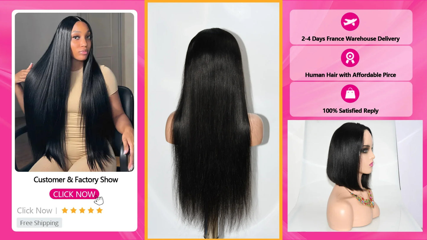 Short Bob Wigs Straight Glueless Wig Ready To Wear Human Hair Wigs Pre Cut 4x4 Elastic Drawstring Upgraded No Glue Lace Air Wig