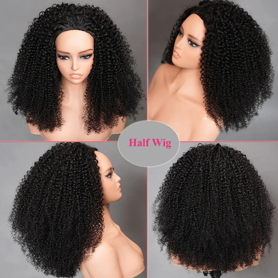Half Head Wig Wear and Go Drawstring Flip Over Glueless Curly Human Hair Kinky Curly Raw Hair Wig Deep Curls Water Wave Half Wig