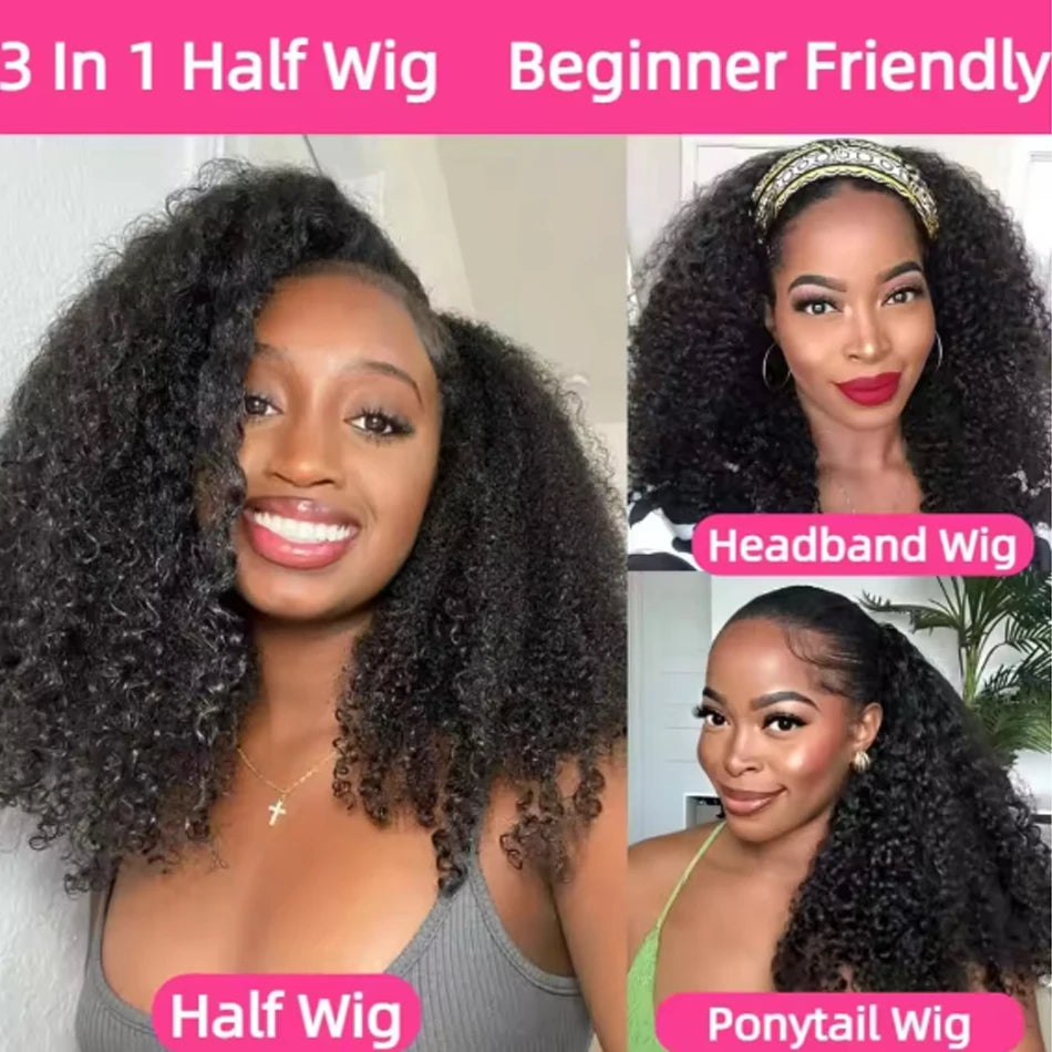 Half Head Wig Wear and Go Drawstring Flip Over Glueless Curly Human Hair Kinky Curly Raw Hair Wig Deep Curls Water Wave Half Wig